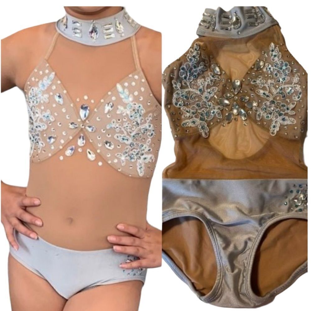 Patrick J designs dance costume silver gray nude illusion rhinestoned leotard CM